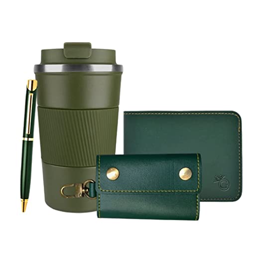 Green Leather Wallet, Key Case Pouch, Tumbler and Pen 4 in 1 Combo Set